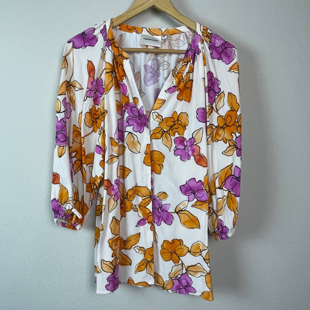 Fabienne Chapot Floral Print Fairy Boho Long Sleeve‎ V Neck Blouse Top Size 38